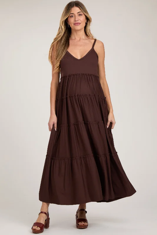 Brown Tiered Sleeveless Maternity Maxi Dress Trendy Floral Print Maxi Dress