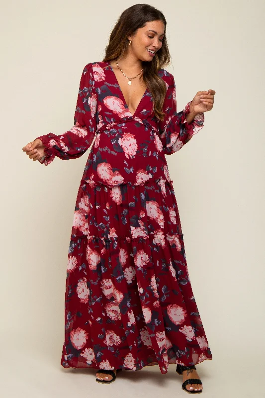 Burgundy Floral Chiffon V-Neck Lettuce Edge Tiered Maternity Maxi Dress Trendy V-Neck Maxi Dress