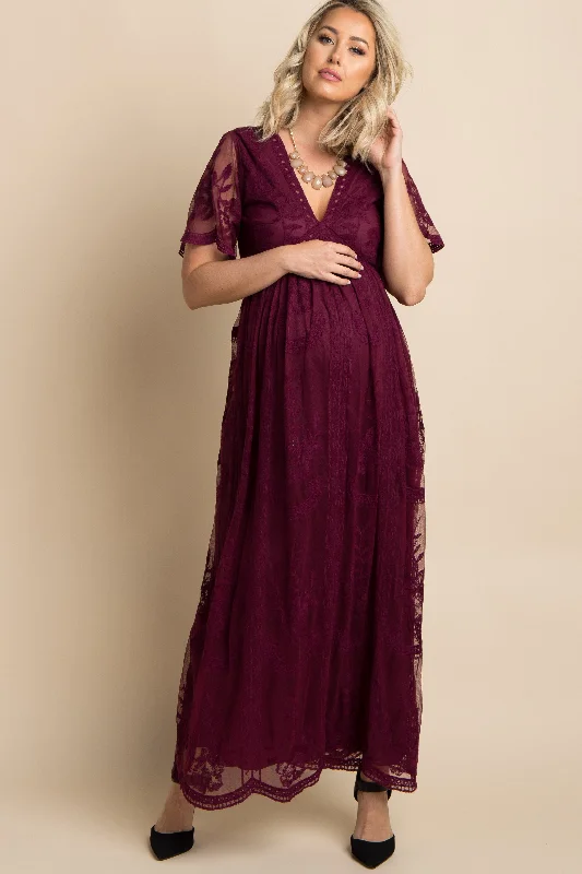 Burgundy Lace Mesh Overlay Maternity Maxi Dress Cozy Knit Maxi Dress