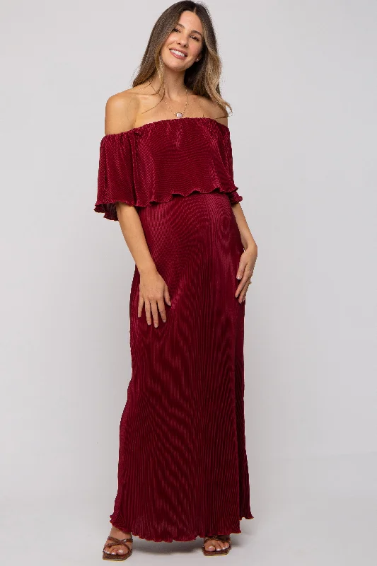 Burgundy Pleated Ruffle Off Shoulder Maternity Maxi Dress Stylish Boho Maxi Dress