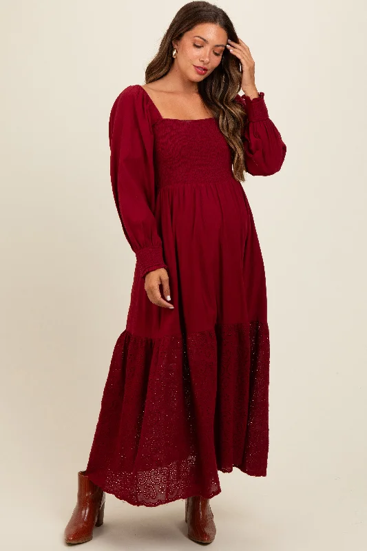 Burgundy Smocked Eyelet Lace Hem Maternity Maxi Dress Elegant Lace-Up Maxi Dress