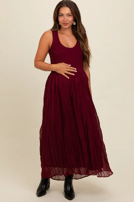 Burgundy Textured Smocked Bodice Sleeveless Maternity Maxi Dress Cozy Spaghetti Strap Maxi Dress