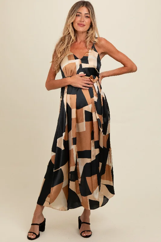 Camel Abstract Print Sash Tie Maternity Maxi Dress Trendy Fit-and-Flare Maxi Dress