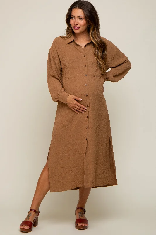 Camel Button Down Collared Maternity Maxi Dress Elegant Lace-Up Maxi Dress