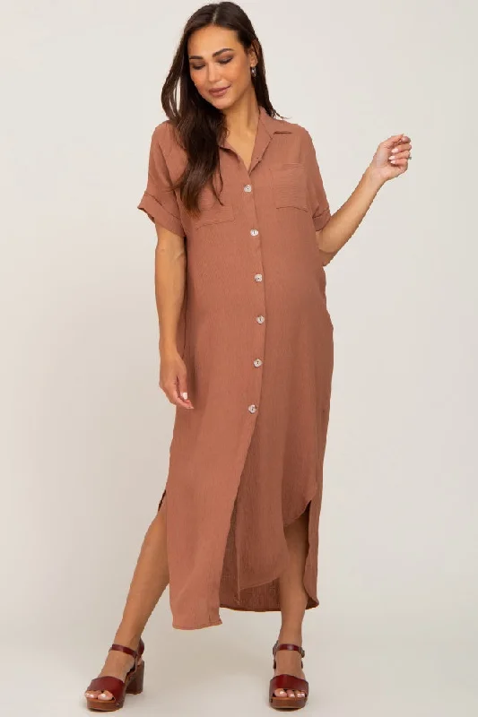 Camel Button Down Hi Low Maternity Maxi Dress Elegant Maxi Dress with Drapes