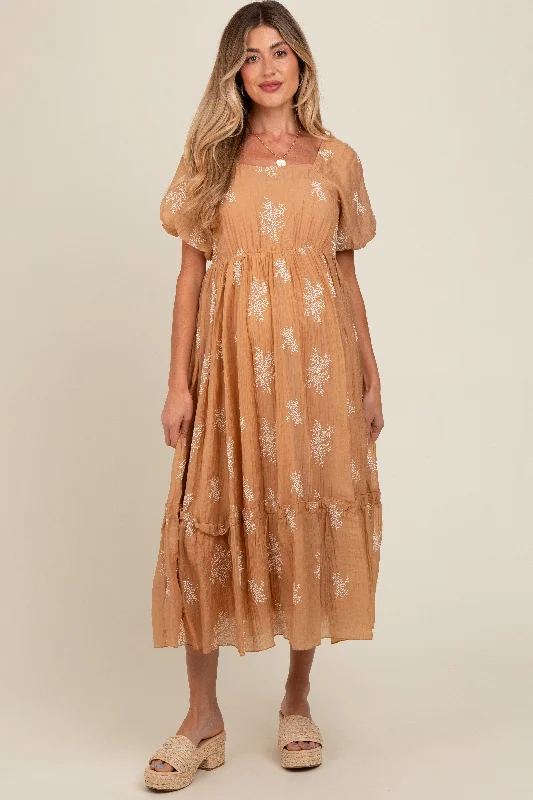 Camel Floral Print Ruffle Hem Maternity Maxi Dress Elegant Maxi Dress with Pockets