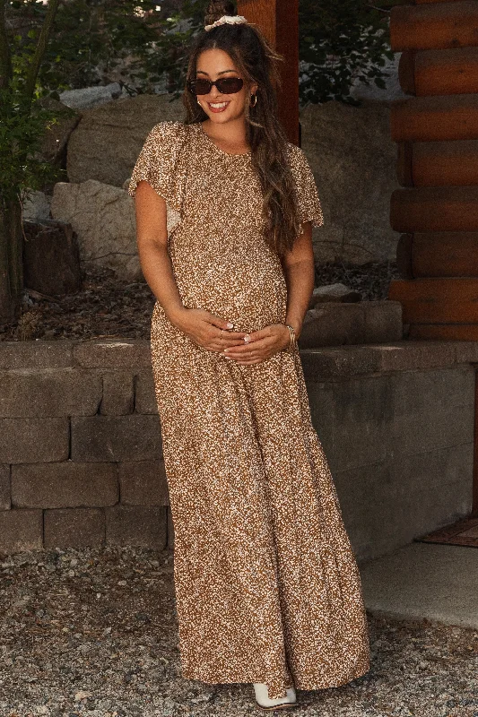 Camel Floral Smocked Flutter Sleeve Maternity Maxi Dress Comfortable T-Shirt Maxi Dress