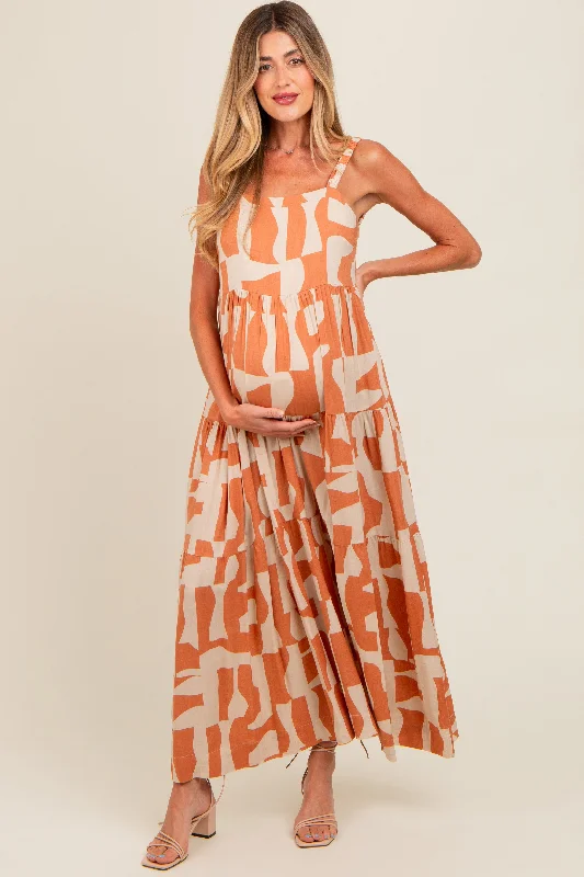 Camel Printed Tiered Maternity Maxi Dress Chic Summer Floral Maxi Dress