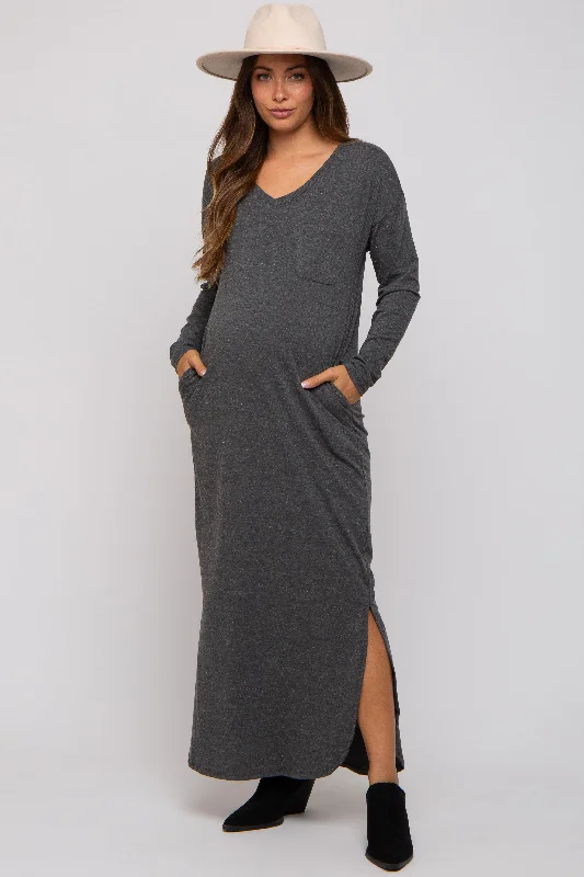 Charcoal Heathered Pocketed Long Sleeve Maternity Maxi Dress Cozy Wrap Maxi Dress