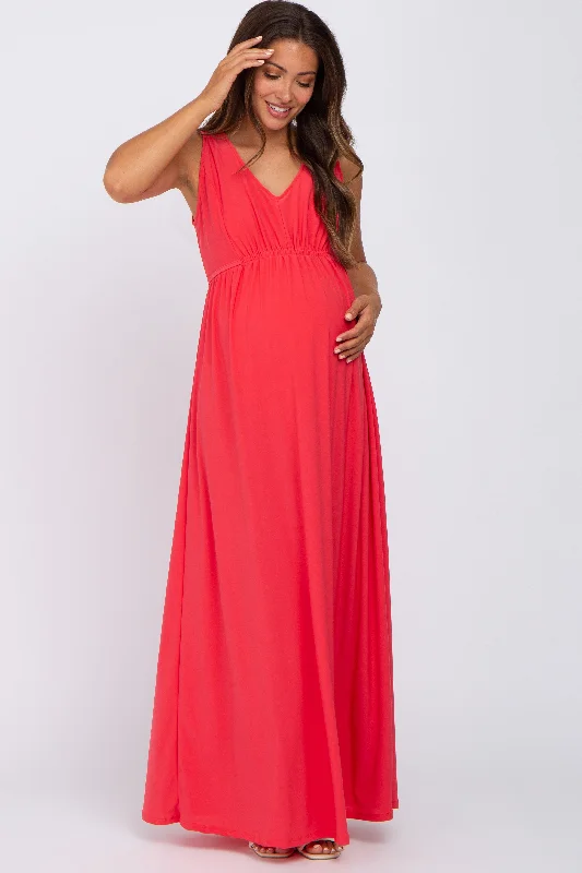 Coral V-Neck Sleeveless Maternity Maxi Dress Trendy Maxi Dress with Belt