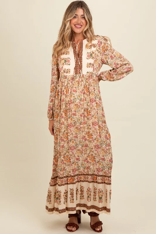 Cream Floral Border Print Maternity Maxi Dress Chic Summer Maxi Dress