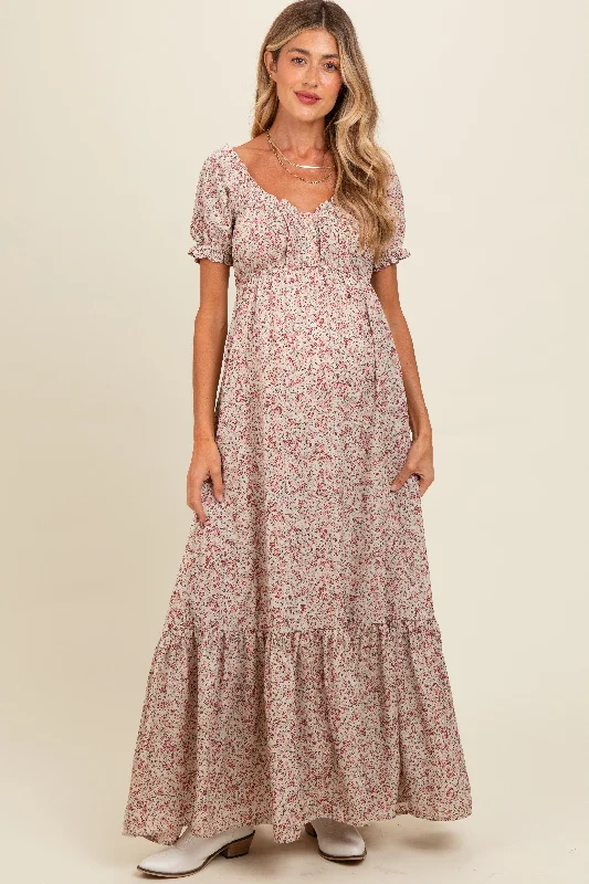 Cream Floral Button Accent Maternity Maxi Dress Stylish Maxi Dress with Pleats