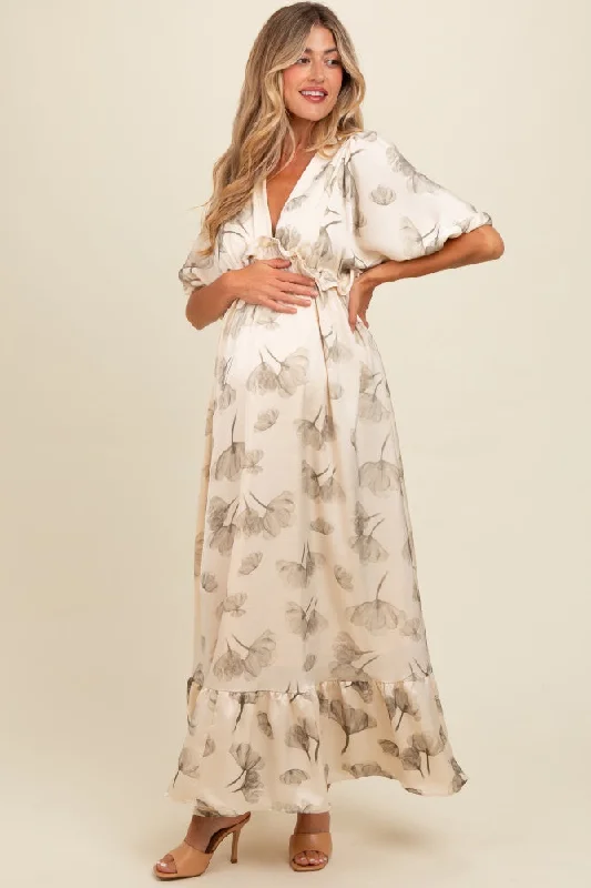 Cream Floral Chiffon Ruffle Accent Maternity Maxi Dress Chic Sleeveless Maxi Dress