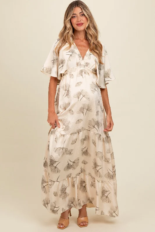 Cream Floral Deep V-Neck Maternity Maxi Dress Trendy A-Line Maxi Dress