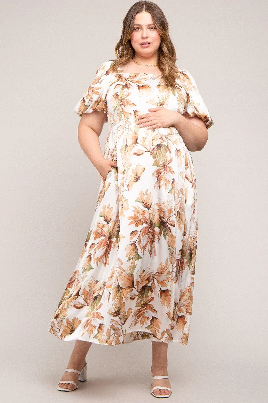 Cream Floral Satin Puff Sleeve Maternity Plus Maxi Dress Comfortable Fitted Maxi Dress