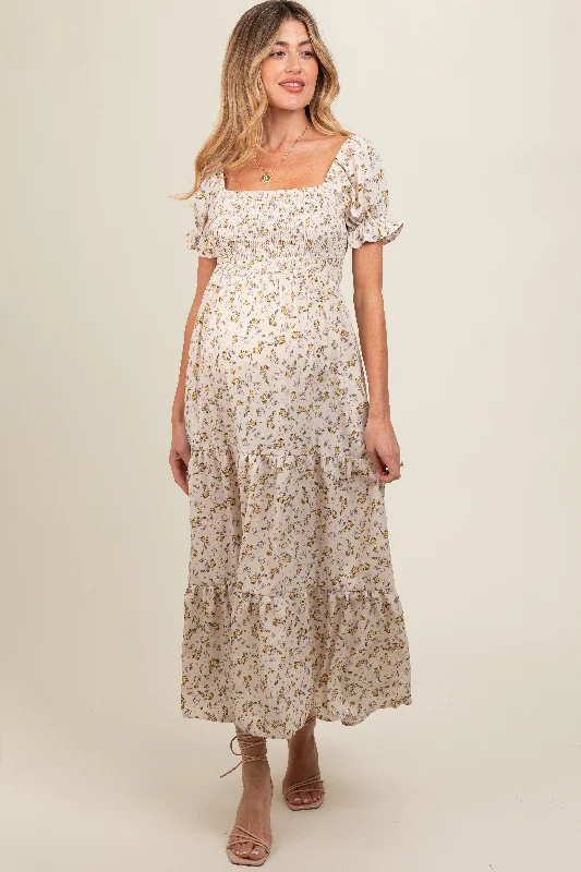 Cream Floral Smocked Square Neck Tiered Puff Short Sleeve Maternity Maxi Dress Fashionable Faux Wrap Maxi Dress