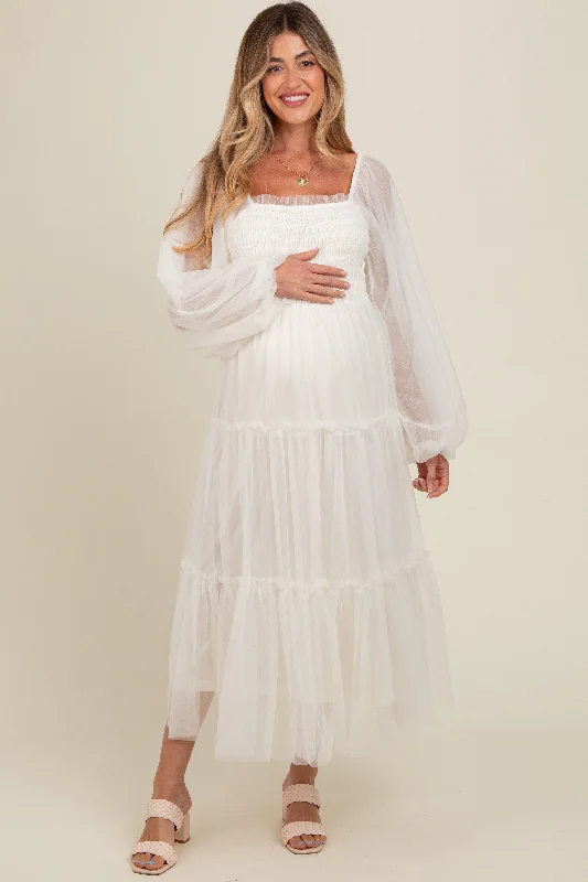 Cream Mesh Tiered Long Sleeve Maternity Maxi Dress Fashionable Sleeveless Maxi Dress