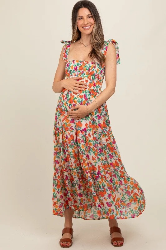 Cream Multi-Color Floral Smocked Sleeveless Maternity Maxi Dress Elegant Sleeveless Maxi Dress