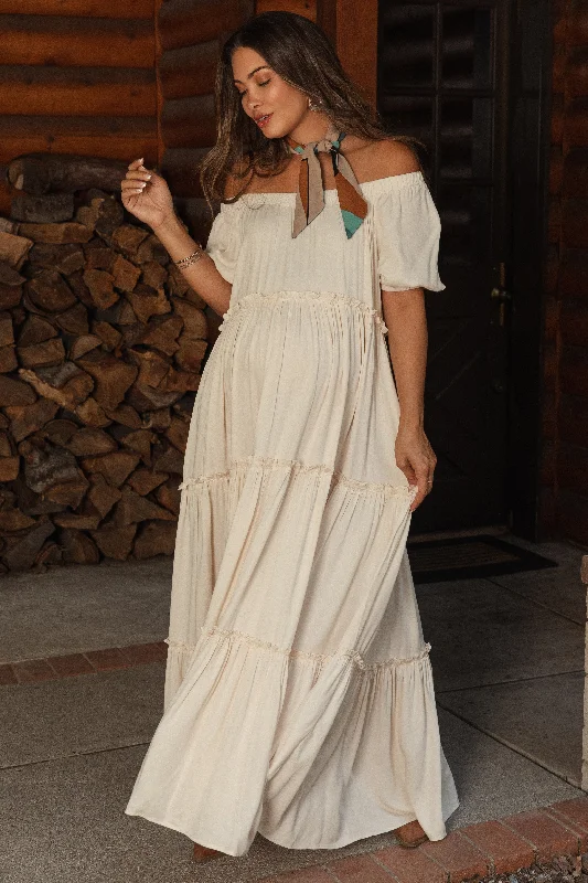 Cream Off Shoulder Ruffle Tiered Maternity Maxi Dress Fashionable Off-Shoulder Maxi Dress