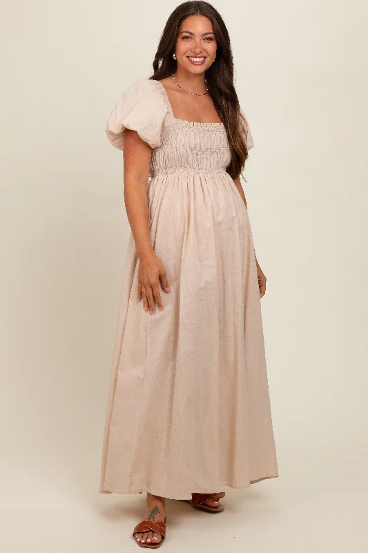 Cream Puff Sleeve Smocked Maternity Maxi Dress Stylish Empire Waist Maxi Dress