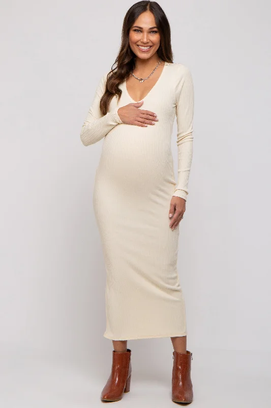 Cream Ribbed Long Sleeve Maternity Maxi Dress Trendy Satin Maxi Dress