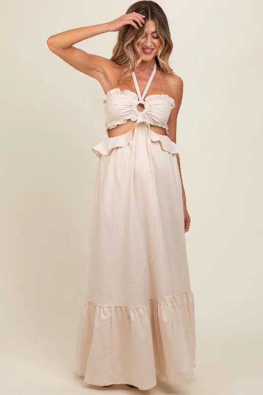 Cream Ruffle Top Cutout Linen Halter Maternity Maxi Dress Cozy Knit Maxi Dress