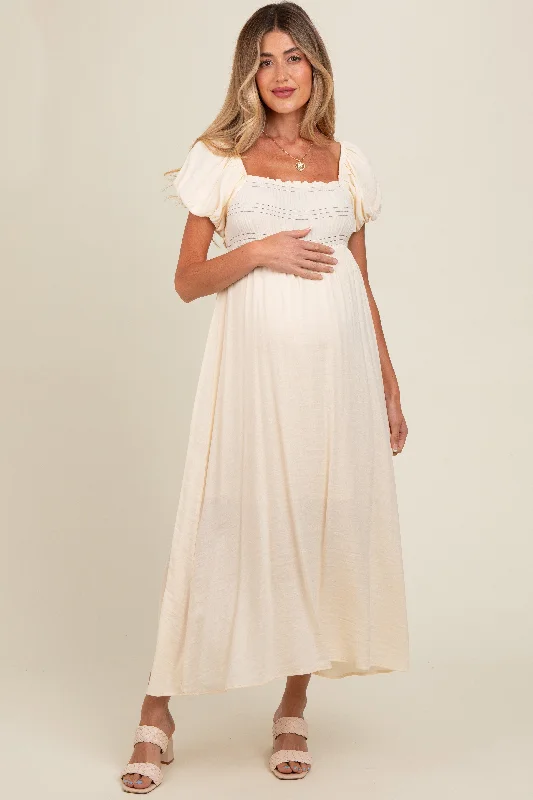 Cream Smocked Puff Sleeve Maternity Maxi Dress Elegant Maxi Dress with Drapes