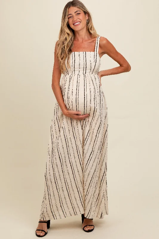 Cream Striped Back Cut Out Maternity Maxi Dress Comfortable Bohemian Maxi Dress