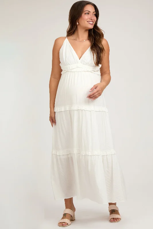 Cream Striped Ruffle Tiered Maternity Maxi Dress Fashionable Button-Down Maxi Dress