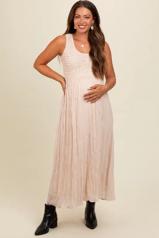 Cream Textured Smocked Bodice Sleeveless Maternity Maxi Dress Comfortable Fit-and-Flare Maxi Dress