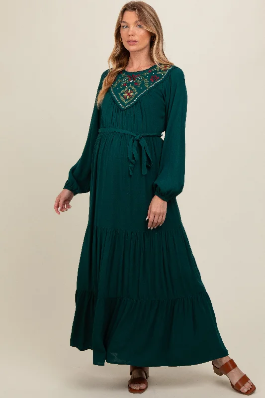 Dark Teal Embroidered Maternity Tiered Maxi Dress Trendy V-Neck Maxi Dress