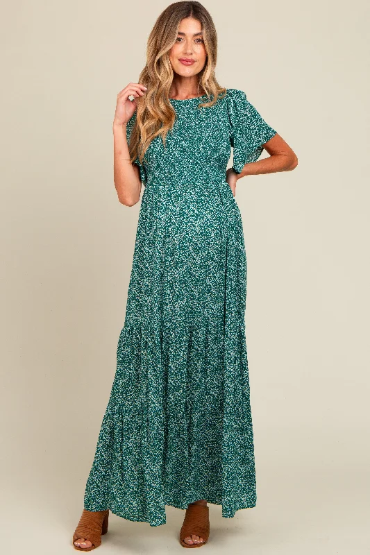 Deep Teal Floral Smocked Flutter Sleeve Maternity Maxi Dress Trendy Off-Shoulder Ruffle Maxi Dress