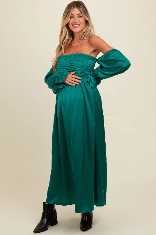 Emerald Green Off Shoulder Satin Pleated Bodice Maternity Maxi Dress Chic Button-Up Maxi Dress