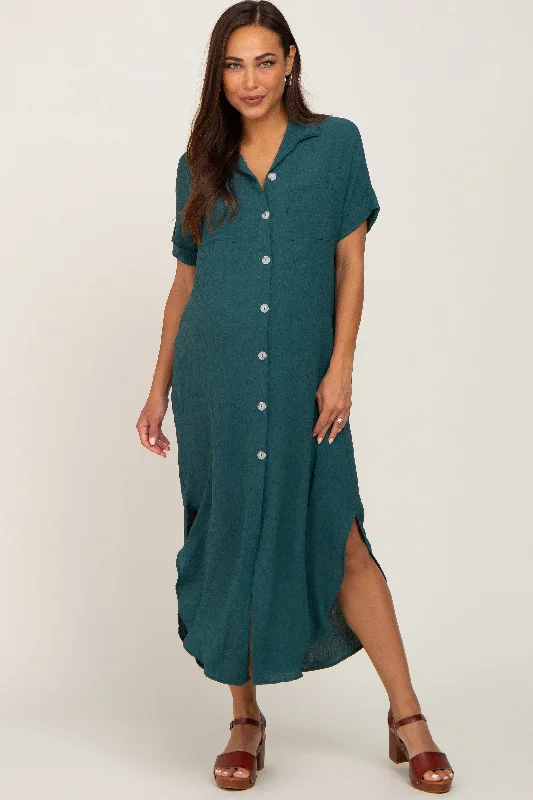 Forest Green Button Down Hi Low Maternity Maxi Dress Elegant Lace-Up Maxi Dress