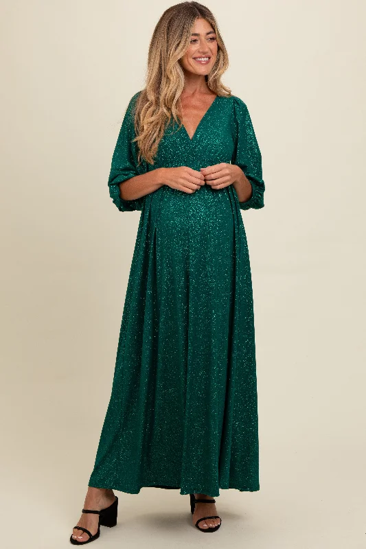 Forest Green Glitter V-Neck Maternity Maxi Dress Fashionable Chiffon Tiered Maxi Dress