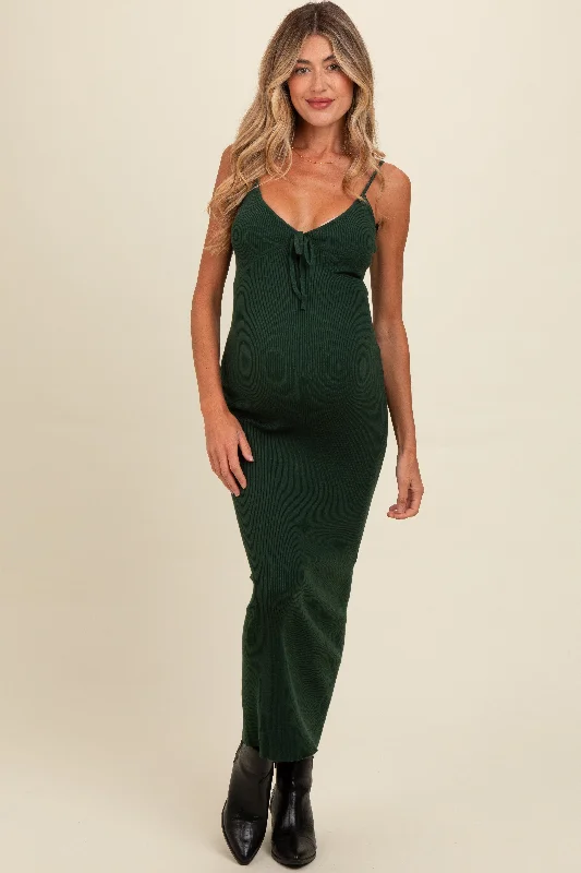 Forest Green Knit Front Tie Detail Maternity Maxi Dress Fashionable Sleeveless Maxi Dress