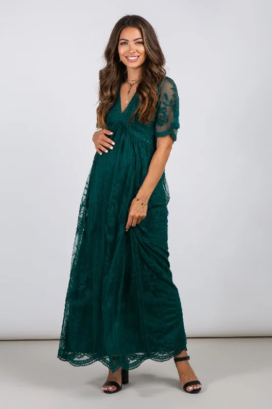 Forest Green Lace Mesh Overlay Maternity Maxi Dress Cozy Spaghetti Strap Maxi Dress