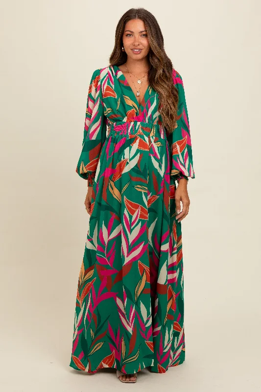 Forest Green Leaf Print Deep V-Neck Maternity Maxi Dress Comfortable Long-Sleeve Maxi Dress