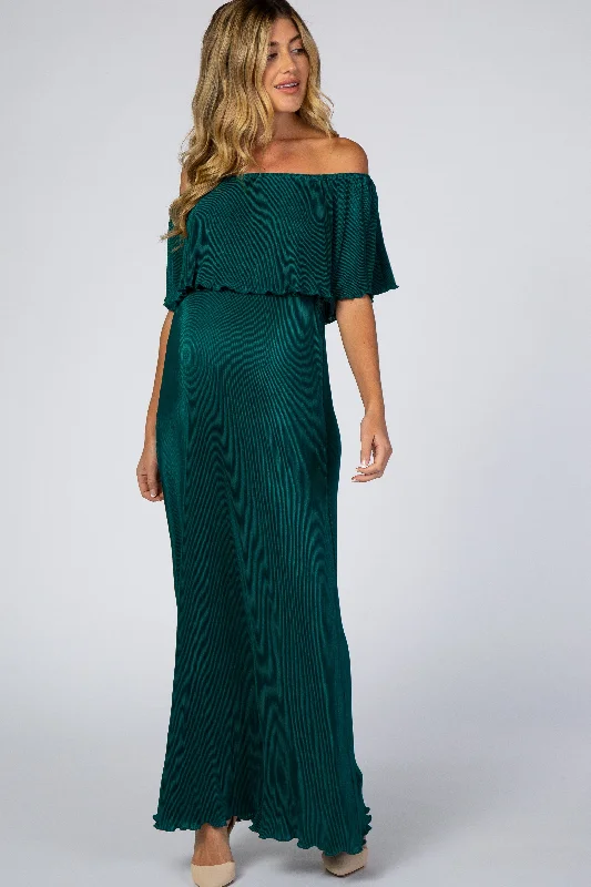 Forest Green Pleated Ruffle Off Shoulder Maternity Maxi Dress Stylish Longline Maxi Dress