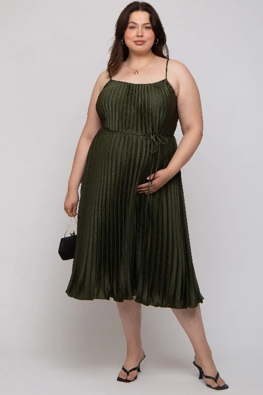 Forest Green Pleated Sleeveless Waist Tie Maternity Plus Maxi Dress Fashionable Asymmetrical Maxi Dress