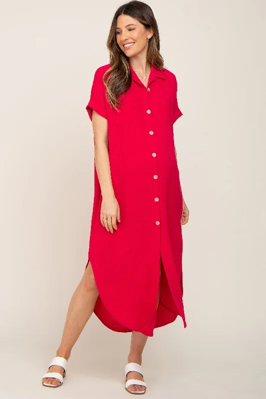 Fuchsia Button Down Hi Low Maternity Maxi Dress Classic V-Neck Maxi Dress