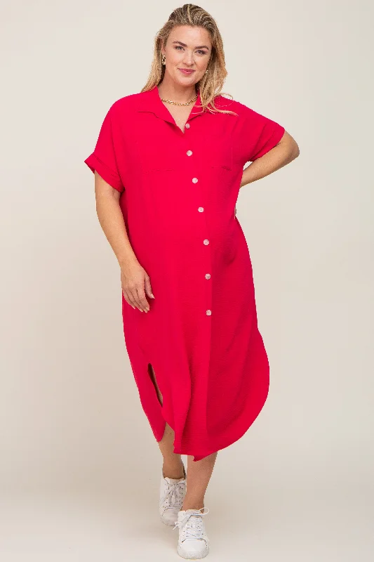 Fuchsia Button Down Hi Low Maternity Plus Maxi Dress Comfortable Satin Maxi Dress