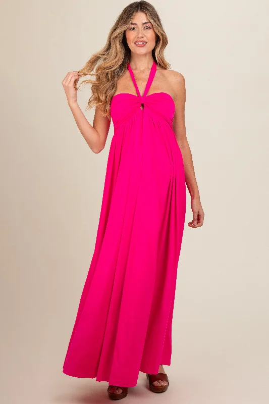 Fuchsia Front Knot Halter Maternity Maxi Dress Trendy Maxi Dress with Belt