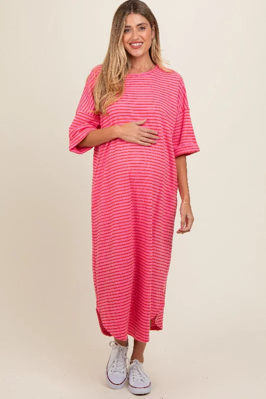 Fuchsia Striped Terry Maternity Maxi Dress Trendy Maxi Dress with Bow