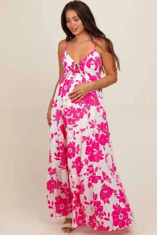 Fuchsia Tropical Floral Open Back Maternity Maxi Dress Trendy Ruffled Maxi Dress