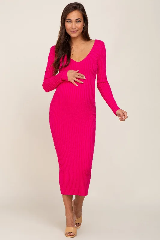 Fuchsia V-Neck Long Sleeve Fitted Maternity Maxi Dress Elegant Maxi Dress with Slit