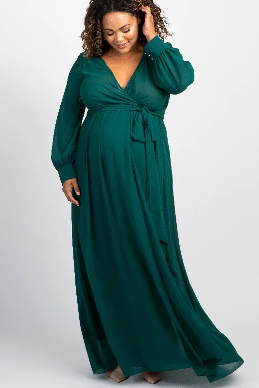 Green Chiffon Long Sleeve Pleated Plus Maternity Maxi Dress Comfortable Maxi Dress with Belt