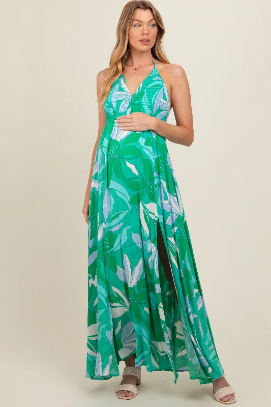 Green Floral Smocked Halter Open Back Maternity Maxi Dress Trendy Off-Shoulder Ruffle Maxi Dress