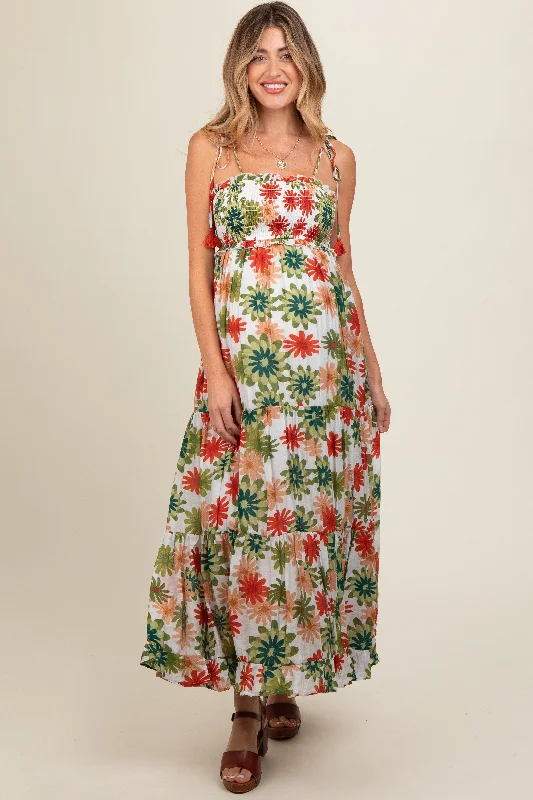 Green Floral Smocked Shoulder Tie Maternity Maxi Dress Chic Summer Maxi Dress