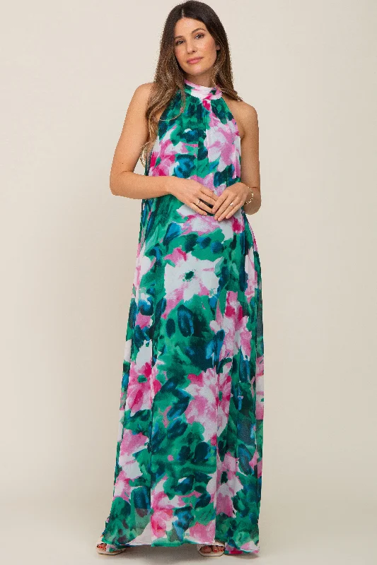 Green Multi-Color Halter Maternity Maxi Dress Fashionable Sleeveless Maxi Dress